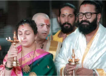 Kantara Chapter 1 actor Rishab Shetty visits Kollur Mookambika temple with Pragathi Shetty